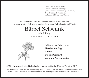Traueranzeige von Bärbel Schwunk von Siegener Zeitung