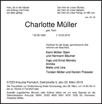 Traueranzeige von Charlotte Müller von Siegener Zeitung