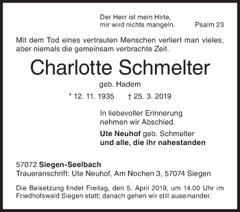 Traueranzeige von Charlotte Schmelter von Siegener Zeitung