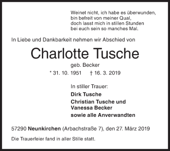 Traueranzeige von Charlotte Tusche von Siegener Zeitung