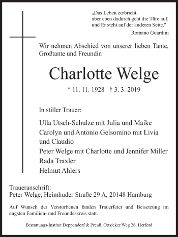 Traueranzeige von Charlotte Welge von Siegener Zeitung