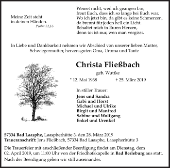 Traueranzeige von Christa Fließbach von Siegener Zeitung
