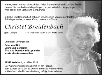 Traueranzeige von Christel Breidenbach von Siegener Zeitung