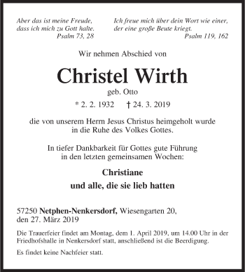Traueranzeige von Christel Wirth von Siegener Zeitung