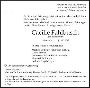 Traueranzeige von Cäcilie Fahlbusch von Siegener Zeitung