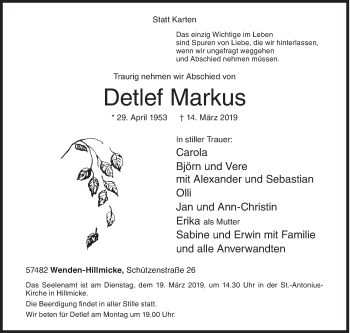 Traueranzeige von Detlef Markus von Siegener Zeitung