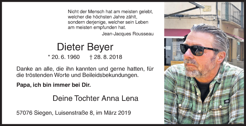  Traueranzeige für Dieter Beyer vom 30.03.2019 aus Siegener Zeitung