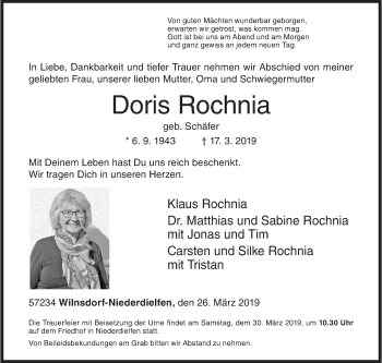 Traueranzeige von Doris Rochnia von Siegener Zeitung