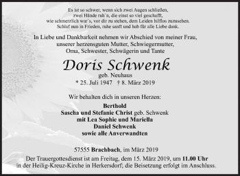 Traueranzeige von Doris Schwenk von Siegener Zeitung