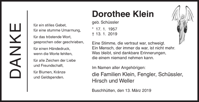  Traueranzeige für Dorothee Klein vom 13.03.2019 aus Siegener Zeitung