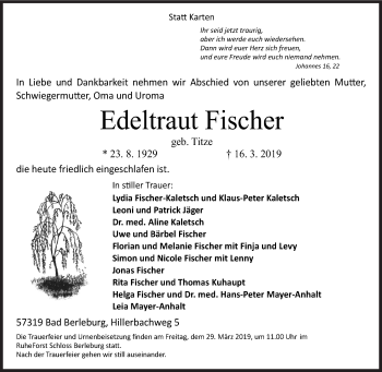 Traueranzeige von Edeltraut Fischer von Siegener Zeitung