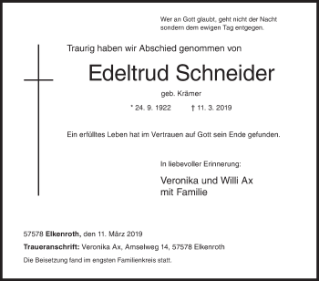 Traueranzeige von Edeltrud Schneider von Siegener Zeitung