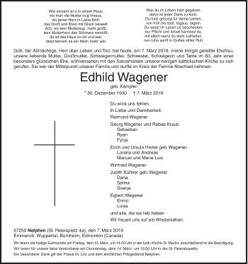 Traueranzeige von Edhild Wagener von Siegener Zeitung