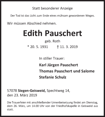 Traueranzeige von Edith Pauschert von Siegener Zeitung