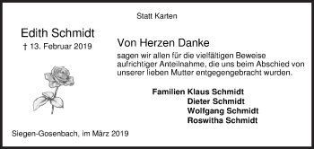 Traueranzeige von Edith Schmidt von Siegener Zeitung
