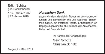 Traueranzeige von Edith Schütz von Siegener Zeitung