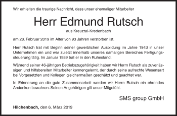 Traueranzeige von Edmund Rutsch von Siegener Zeitung