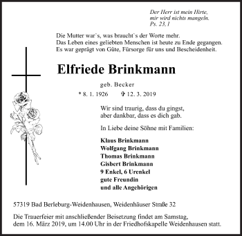 Traueranzeige von Elfriede Brinkmann von Siegener Zeitung