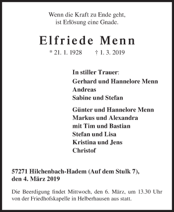Traueranzeige von Elfriede Menn von Siegener Zeitung