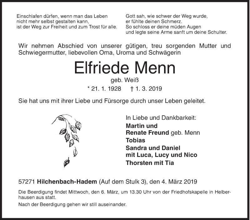  Traueranzeige für Elfriede Menn vom 04.03.2019 aus Siegener Zeitung