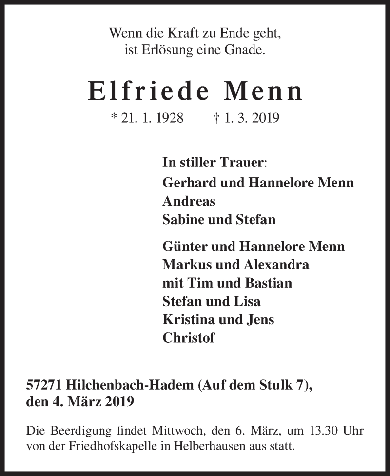  Traueranzeige für Elfriede Menn vom 04.03.2019 aus Siegener Zeitung