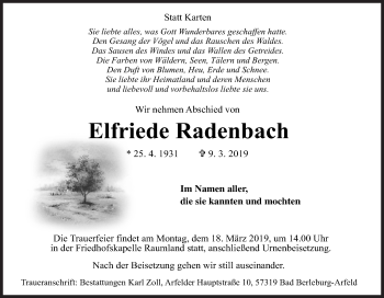 Traueranzeige von Elfriede Radenbach von Siegener Zeitung