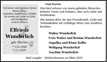 Traueranzeige von Elfriede Wunderlich von Siegener Zeitung