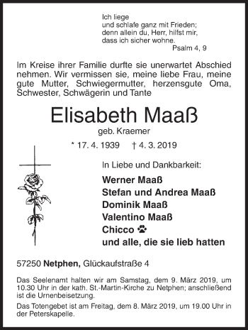 Traueranzeige von Elisabeth Maaß von Siegener Zeitung