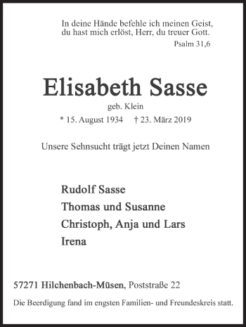 Traueranzeige von Elisabeth Sasse von Siegener Zeitung