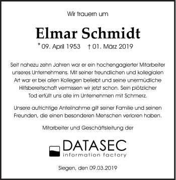 Traueranzeige von Elmar Schmidt von Siegener Zeitung