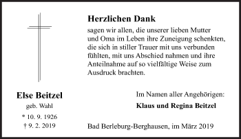 Traueranzeige von Else Beitzel von Siegener Zeitung