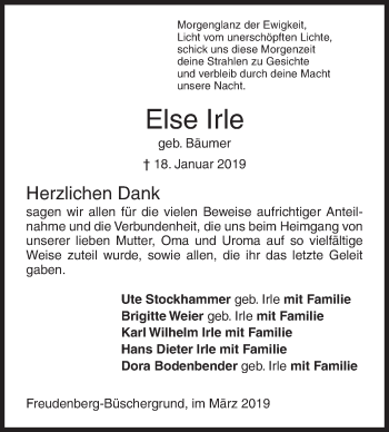 Traueranzeige von Else Irle von Siegener Zeitung