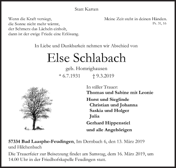 Traueranzeige von Else Schlabach von Siegener Zeitung