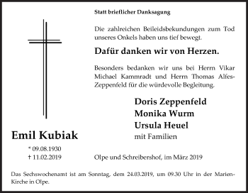 Traueranzeige von Emil Kubiak von Siegener Zeitung