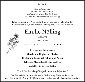 Traueranzeige von Emilie Nölling von Siegener Zeitung