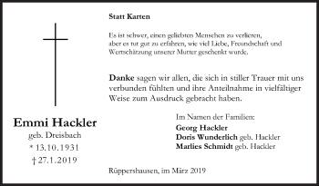 Traueranzeige von Emmi Hackler von Siegener Zeitung