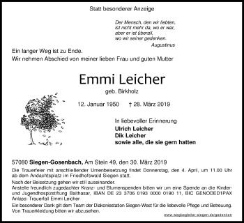 Traueranzeige von Emmi Leicher von Siegener Zeitung