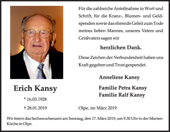 Traueranzeige von Erich Kansy von Siegener Zeitung