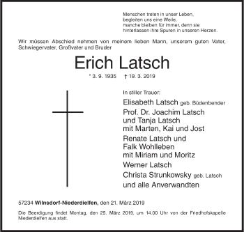 Traueranzeige von Erich Latsch von Siegener Zeitung
