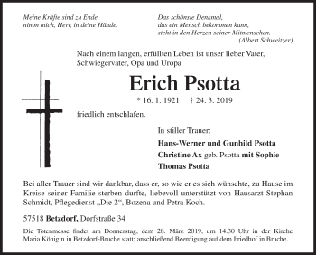 Traueranzeige von Erich Psotta von Siegener Zeitung