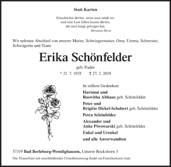 Traueranzeige von Erika Schönfelder von Siegener Zeitung
