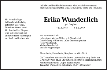 Traueranzeige von Erika Wunderlich von Siegener Zeitung