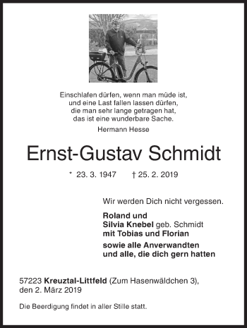 Traueranzeige von Ernst-Gustav Schmidt von Siegener Zeitung