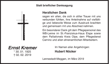 Traueranzeige von Ernst Kremer von Siegener Zeitung