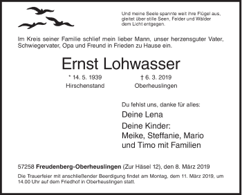 Traueranzeige von Ernst Lohwasser von Siegener Zeitung