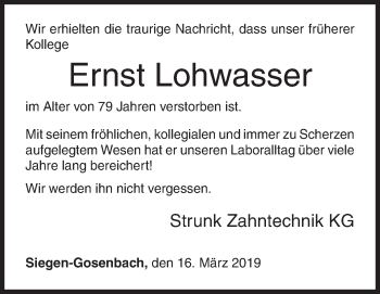Traueranzeige von Ernst Lohwasser von Siegener Zeitung