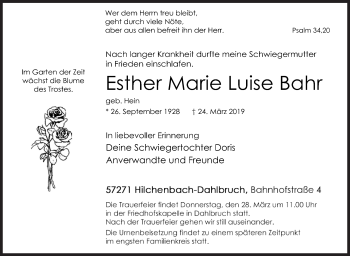Traueranzeige von Esther Marie Luise Bahr von Siegener Zeitung
