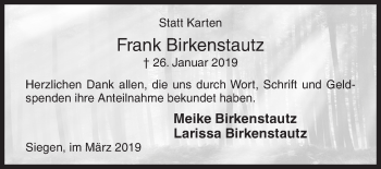 Traueranzeige von Frank Birkenstautz von Siegener Zeitung