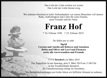 Traueranzeige von Franz Hof von Siegener Zeitung