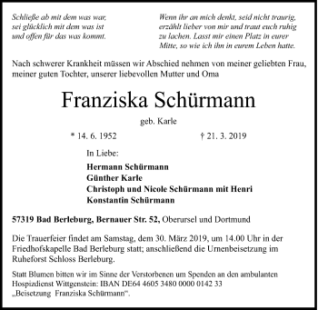 Traueranzeige von Franziska Schürmann von Siegener Zeitung
